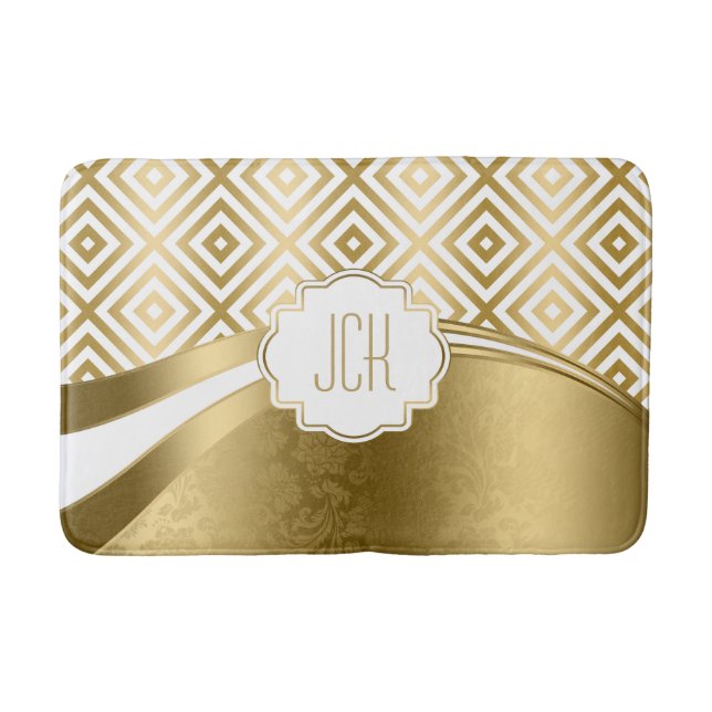 White And Gold Modern Geometric Pattern Bath Mat (Front)