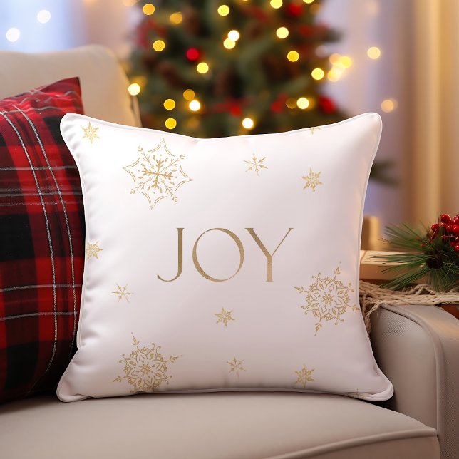 White and Gold Modern Snowflake Holiday Joy Cushion (Gold and White Modern Snowflake Holiday Joy Throw Pillow)