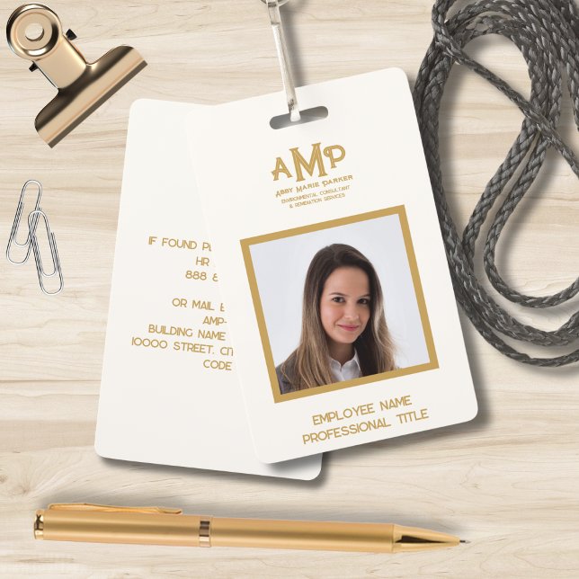 White and Gold Monogram Photo ID Badge (Creator Uploaded)