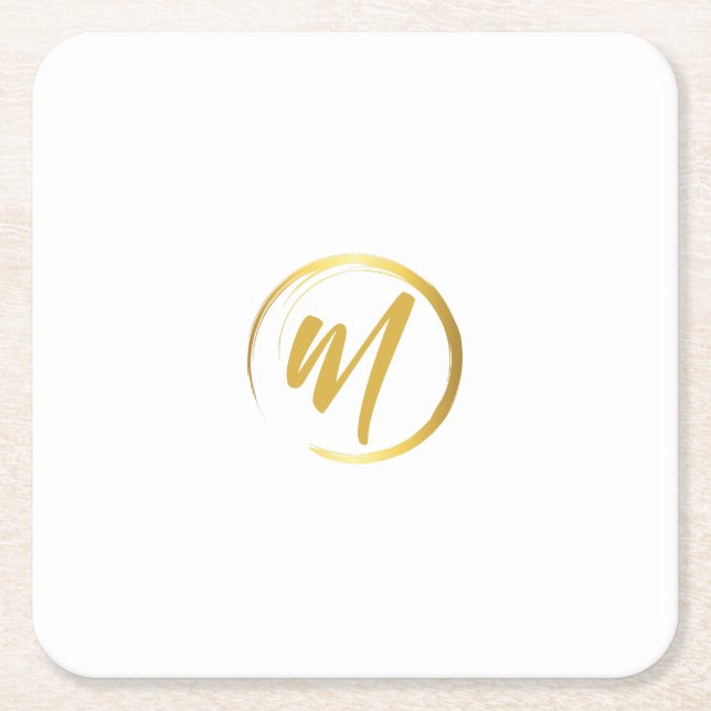 White and Gold Monogram Square Paper Coaster (Front)