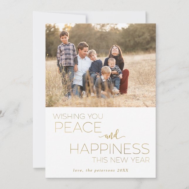 White and Gold New Year Peace and Happiness Photo Holiday Card (Front)