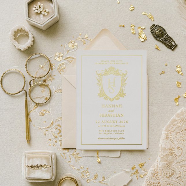 White and Gold Old Money Vintage Crest Wedding (Old Money Foil Wedding Invitation)