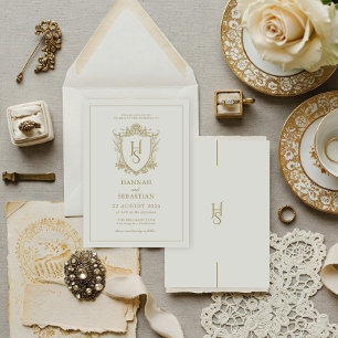 White and Gold Old Money Vintage Crest Wedding Invitation