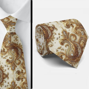 White and Gold Paisley Diamond 3d Style Neck Tie