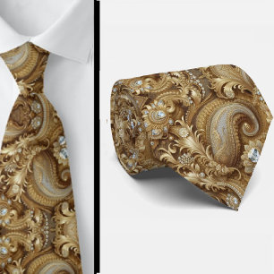 White and Gold Paisley Diamond 3d Style Neck Tie
