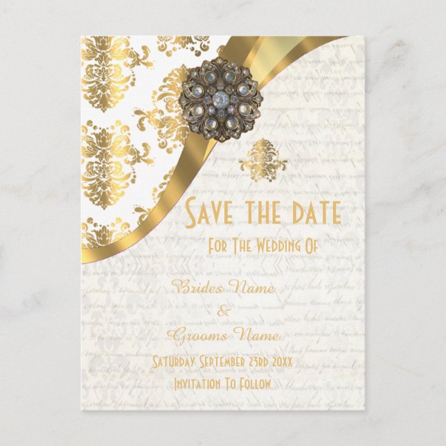White and gold parchment damask save the date announcement postcard (Front)