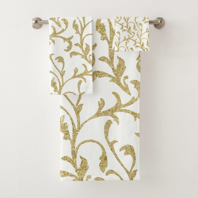 White and Gold Pattern Bath Towel Set (Insitu)