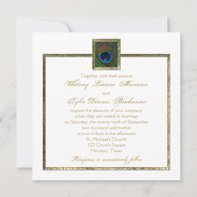 White and Gold Peacock Feather Wedding Invitation (Front)