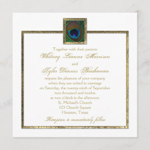 White and Gold Peacock Feather Wedding Invitation