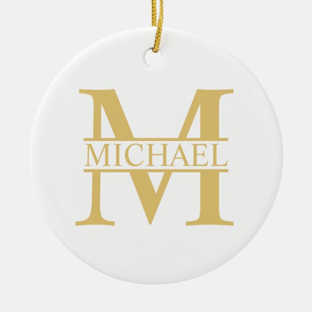 White and Gold Personalised Monogram and Name Ceramic Ornament (Front)