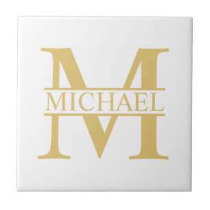 White and Gold Personalised Monogram and Name Ceramic Tile