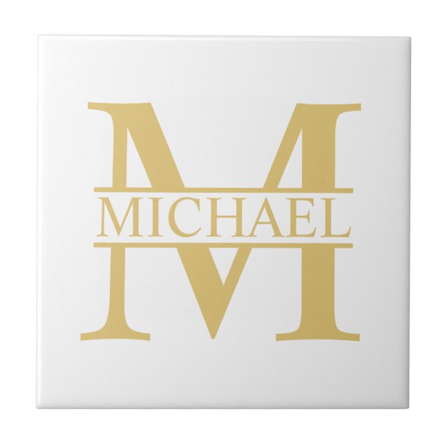 White and Gold Personalised Monogram and Name Ceramic Tile (Front)