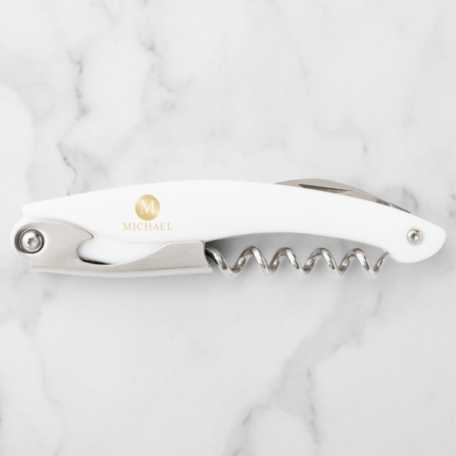 White and Gold Personalised Monogram and Name Corkscrew (Front)