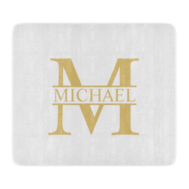 White and Gold Personalised Monogram and Name Cutting Board (Front)