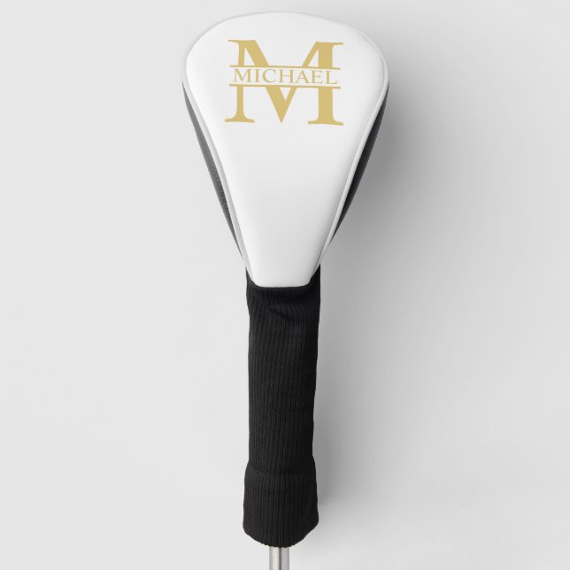 White and Gold Personalised Monogram and Name Golf Head Cover (Front)