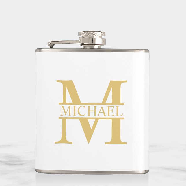 White and Gold Personalised Monogram and Name Hip Flask (Creator Uploaded)