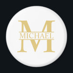 White and Gold Personalised Monogram and Name Magnet<br><div class="desc">Personalised Monogram and Name Gifts featuring personalised gold monogram in classic serif font style with box of name in the middle of monogram on white background. Perfect as father's day gifts for dad, gifts for grandfather, husband, groom, best man, groomsmen and more. Please note : The foil details are simulated...</div>