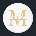 White and Gold Personalised Monogram and Name Magnet<br><div class="desc">Personalised Monogram and Name Gifts featuring personalised gold monogram in classic serif font style with box of name in the middle of monogram on white background. Perfect as father's day gifts for dad, gifts for grandfather, husband, groom, best man, groomsmen and more. Please note : The foil details are simulated...</div>