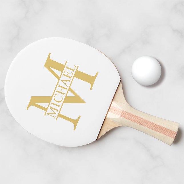 White and Gold Personalised Monogram and Name Ping Pong Paddle (Creator Uploaded)