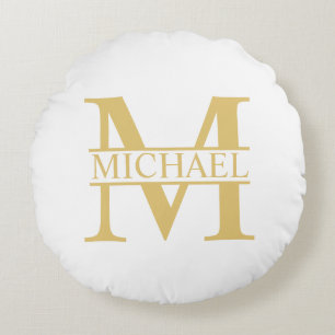 White and Gold Personalised Monogram and Name Round Cushion