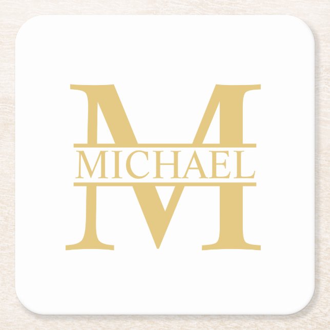 White and Gold Personalised Monogram and Name Square Paper Coaster (Front)