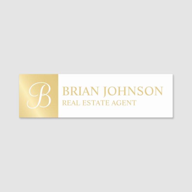 White and Gold Personalised Monogram and Name Tag (Front)