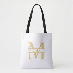 White and Gold Personalised Monogram and Name Tote Bag