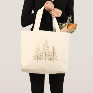 White and Gold Pine Tree Christmas , Minimalist Large Tote Bag