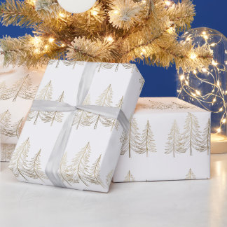 White and Gold Pine Tree Christmas , Minimalist Wrapping Paper