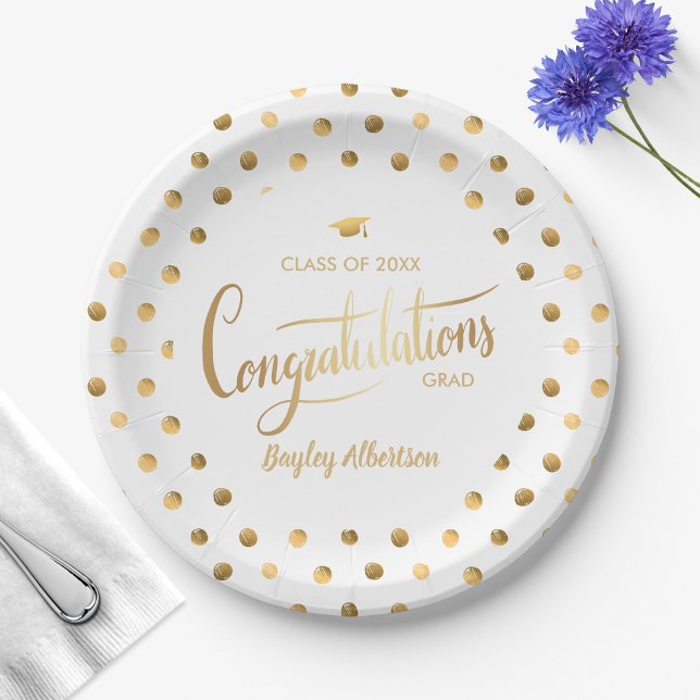 White and Gold Polka Dot Congrats Grad Graduation  Paper Plate (Creator Uploaded)