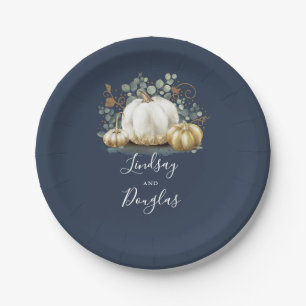 White and Gold Pumpkin Fall Harvest Navy Blue Paper Plate