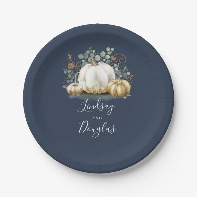 White and Gold Pumpkin Fall Harvest Navy Blue Paper Plate (Front)
