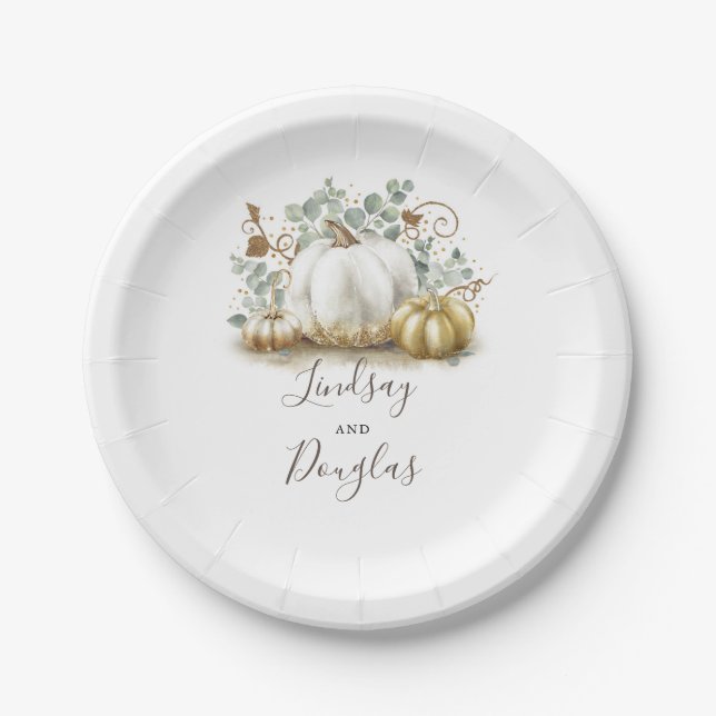 White and Gold Pumpkin Fall Harvest Paper Plate (Front)