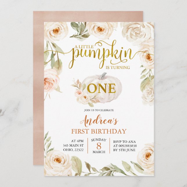 White and Gold Pumpkin First Birthday Invitation (Front/Back)