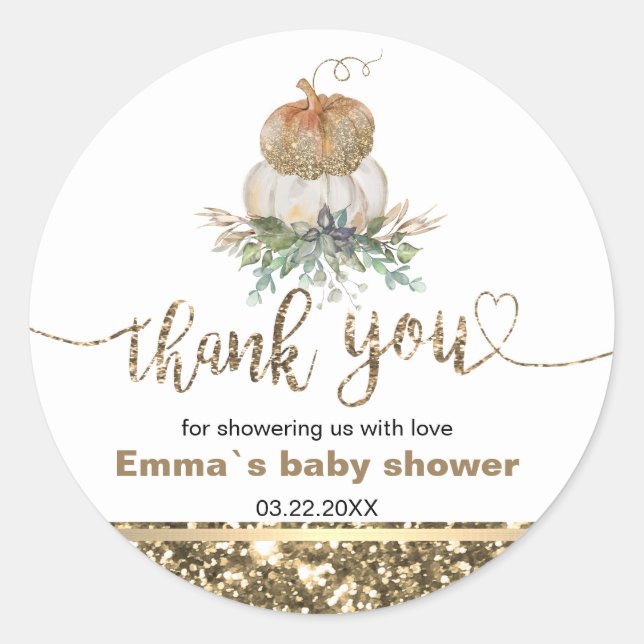 White and Gold Pumpkin Thank You Classic Round Sticker (Front)