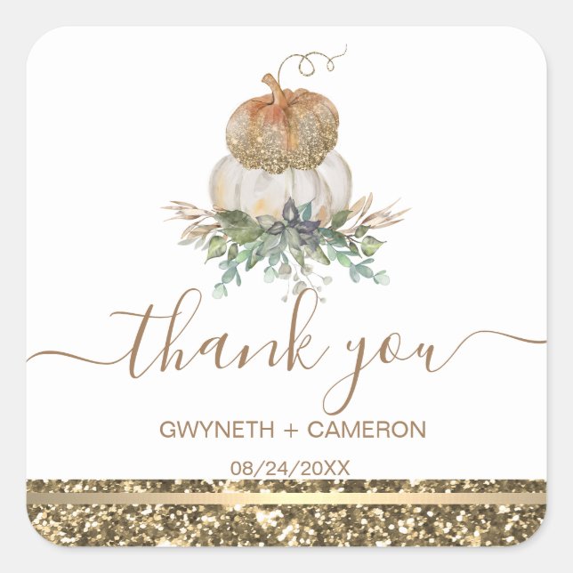 White and Gold Pumpkin Thank You Square Sticker (Front)