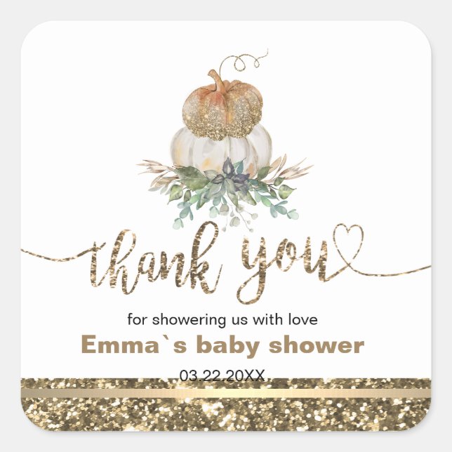 White and Gold Pumpkin Thank You Square Sticker (Front)