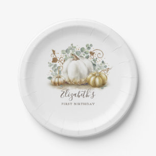 White and Gold Pumpkins Fall Birthday Party Paper Plate
