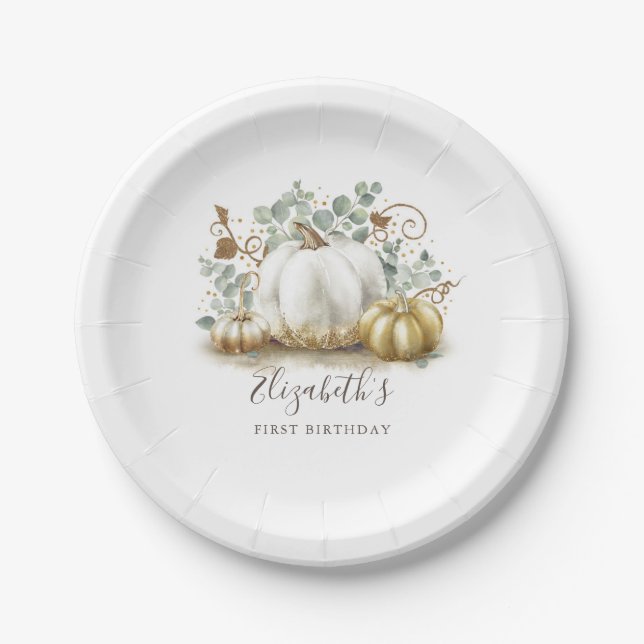 White and Gold Pumpkins Fall Birthday Party Paper Plate (Front)