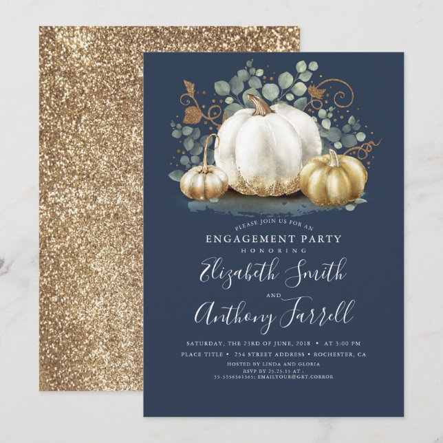 White and Gold Pumpkins Fall Engagement Party Invi Invitation (Front/Back)