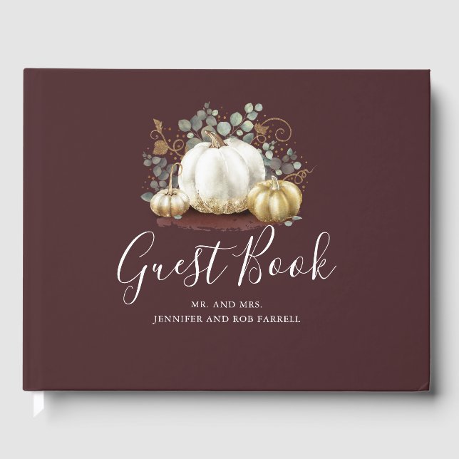 White and Gold Pumpkins Fall Wedding Guest Book (Front)