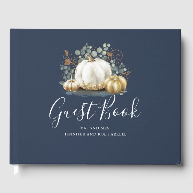 White and Gold Pumpkins Fall Wedding Guest Book (Front)