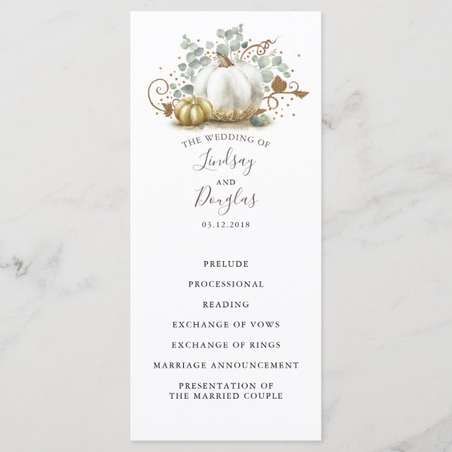 White and Gold Pumpkins Fall Wedding Programs (Front)