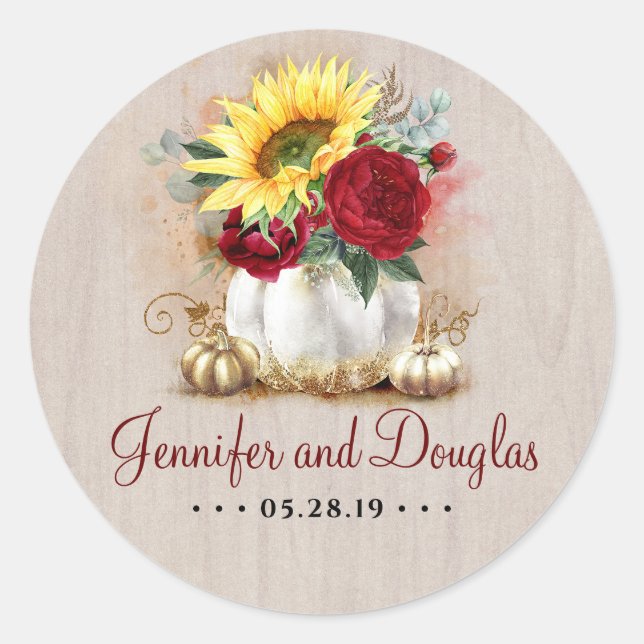 White and Gold Pumpkins Sunflowers Burgundy Fall Classic Round Sticker (Front)