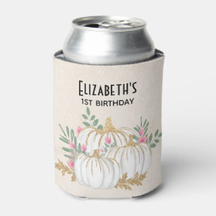 White and Gold Pumpkins Watercolor Birthday Can Cooler
