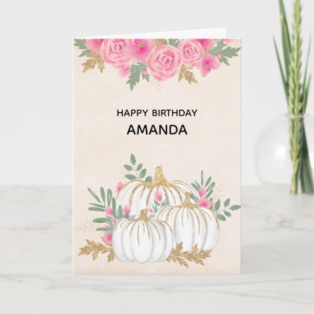 White and Gold Pumpkins Watercolor Birthday Card (Front)