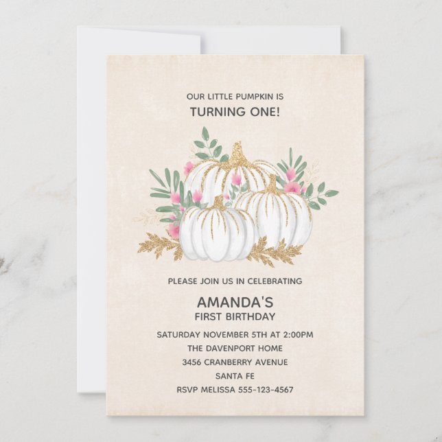 White and Gold Pumpkins Watercolor Birthday Invitation (Front)