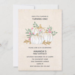 White and Gold Pumpkins Watercolor Birthday Invitation