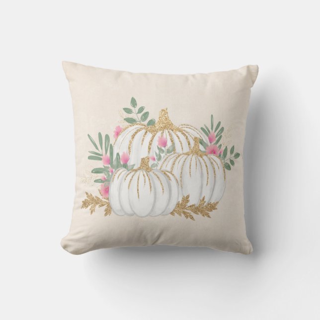 White and Gold Pumpkins Watercolor Cushion (Front)