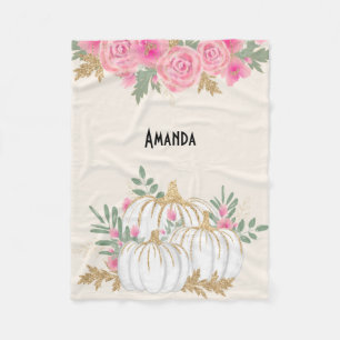 White and Gold Pumpkins Watercolor Fleece Blanket
